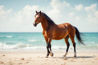 Primary subject: A brown horse with a black mane and tail, standing on a beach.

Setting/background: The beach has a sandy surface and is near the ocean.

Visual style: The image is a photo of the horse on the beach.

Colors and mood: The horse has a warm brown color, and the overall atmosphere is serene and peaceful, as the horse stands alone on the beach.