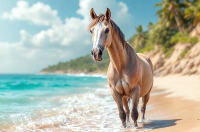 Primary subject: A brown horse with a white face standing on a beach.

Setting/background: The beach has a sandy surface and is near the ocean.

Visual style: The image is a photo of the horse on the beach.

Colors and mood: The horse has a white face, and the overall atmosphere is serene and peaceful, as the horse stands on the beach near the ocean.