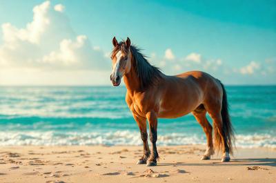 Primary subject: A brown horse standing on a beach.

Setting/background: The horse is standing on a sandy beach near the ocean.

Visual style: The image is a photo of the horse on the beach.

Colors and mood: The colors in the image are predominantly brown and blue, with the ocean providing a calming atmosphere.