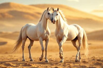The primary subject of the image is two white horses standing next to each other in a desert-like environment. The setting is a sandy, arid landscape, which adds to the overall mood of the scene. The visual style of the image is a photo, capturing the horses in their natural habitat. The colors in the image are predominantly shades of brown and beige, which are typical of the desert environment. The overall atmosphere of the image is serene and peaceful, as the horses stand together in the vast,