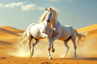 The primary subject of the image is a pair of white horses running together in a desert-like environment. The setting is a sandy, open area with a clear sky in the background. The visual style of the image is a photo, capturing the horses in motion. The colors in the image are predominantly shades of brown and white, giving the scene a warm and natural atmosphere.