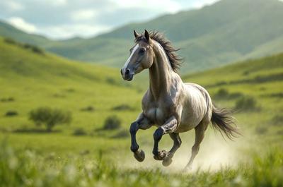 Primary subject: A brown horse running in a grassy field.

Setting/background: The horse is running in a grassy field with mountains in the background.

Visual style: The image is a photo of the horse in motion.

Colors and mood: The image has a warm and natural color palette, with the brown horse and the green grass creating a sense of freedom and energy.