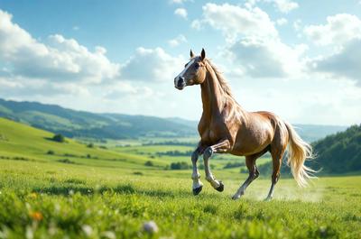 The primary subject of the image is a brown horse running through a grassy field. The horse is the main focus of the scene, and it appears to be enjoying its time in the open field. The setting is a lush green field, providing a serene and natural backdrop for the horse. The visual style of the image is a photo, capturing the horse in motion and the surrounding environment. The colors in the image are predominantly green, with the brown horse standing out against the vibrant grass. The overall atmosphere