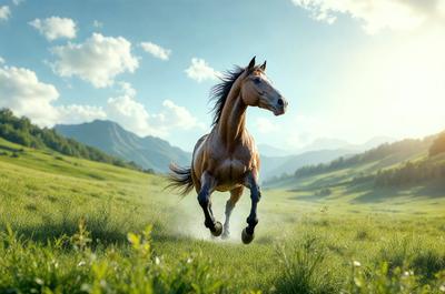 The primary subject of the image is a brown horse running through a grassy field. The setting is a lush green field with mountains in the background. The visual style is a photo, capturing the horse in motion. The colors and mood of the image are vibrant and energetic, with the horse's movement and the greenery of the field creating a sense of freedom and natural beauty.