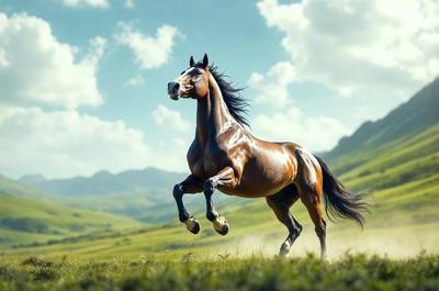 Primary subject: A brown horse with a black mane and tail, running in a grassy field.

Setting/background: The horse is running in a grassy field with mountains in the background.

Visual style: The image is a digital art illustration of a horse running in a field.

Colors and mood: The image has a warm and lively atmosphere, with the brown horse and the green grass creating a sense of freedom and energy.