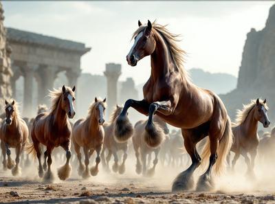 Primary subject: A brown horse running in a dusty field.

Setting/background: The horse is running in front of a building, which could be a temple or a monument. The environment is dusty, and the horse appears to be kicking up dust as it runs.

Visual style: The image is a photo of the horse in action.

Colors and mood: The dominant colors are brown and dusty, giving the image a sense of motion and energy. The overall atmosphere is dynamic and exciting.