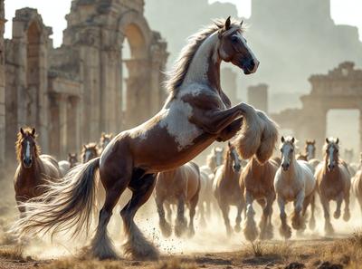 Primary subject: A brown and white horse with a flowing mane, galloping through a dusty field.

Setting/background: The horse is galloping in front of a large, old building, which could be a temple or a historical monument.

Visual style: The image is a photo of the horse and the surrounding environment.

Colors and mood: The colors in the image are predominantly brown and white, with a dusty, earthy tone. The mood of the image is
