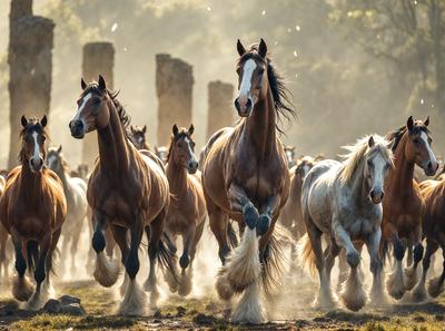 The primary subject of the image is a group of horses running through a field. The setting is a grassy area with trees in the background. The visual style is a photo of the horses in motion. The colors and mood of the image are lively and energetic, as the horses are captured in action.