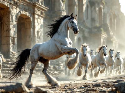 Primary subject: A white horse with a black mane running in a dirt field.

Setting/background: The horse is running in front of a stone building, which appears to be an old castle.

Visual style: The image is a photo of the horse in motion.

Colors and mood: The image has a sepia tone, giving it a vintage and nostalgic feel. The horse's white color contrasts with the stone building, creating a dynamic and dramatic scene.