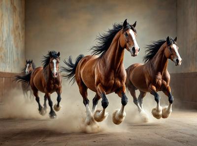 Primary subject: A group of horses running on a dirt road.

Setting/background: The horses are running on a dirt road, with a dusty environment surrounding them.

Visual style: The image is a photo of the horses running.

Colors and mood: The image has a sepia tone, giving it a vintage and nostalgic feel. The horses are running in the dust, which adds a sense of motion and energy to the scene.
