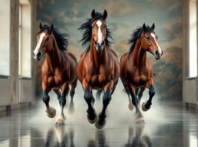 Primary subject: Three brown horses running together.

Setting/background: A large room with a wall painting.

Visual style: A photo of the three horses running.

Colors and mood: The horses are brown, and the overall atmosphere is energetic and dynamic.