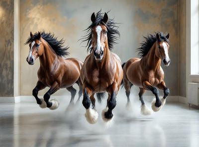 Primary subject: Three brown horses with long hair and white hooves.

Setting/background: A white wall serves as the backdrop for the horses.

Visual style: The image is a photo of the three horses.

Colors and mood: The horses are brown with white hooves, and the overall atmosphere is energetic and dynamic, as the horses are captured in motion.