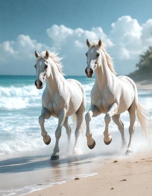 The primary subject of the image is two white horses running on a beach. The setting is a sandy beach with the ocean in the background. The visual style is a photo, capturing the horses in motion. The colors and mood of the image are predominantly white, with the horses' white coats and the white ocean waves creating a serene and peaceful atmosphere.