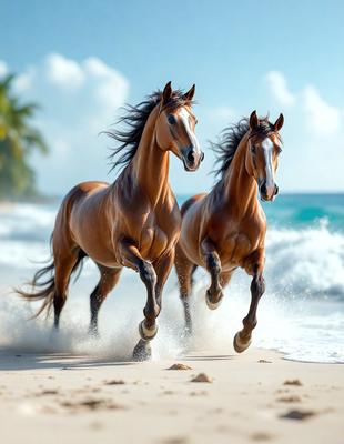 The primary subject of the image is two brown horses running on a beach. The setting is a sandy beach with water in the background. The visual style is a photo, capturing the horses in motion. The colors and mood of the image are warm and energetic, as the horses are running and enjoying their time on the beach.