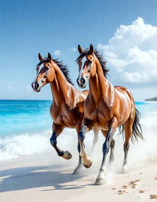 The primary subject of the image is two brown horses running on a beach. The setting is a sandy beach with the ocean in the background. The visual style is a photo, capturing the horses in motion. The colors and mood of the image are warm and energetic, as the horses are running and enjoying their time on the beach.