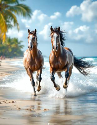 Primary subject: Two brown horses running on the beach.

Setting/background: The beach, with the ocean in the background.

Visual style: The image is a digital artwork.

Colors and mood: The image has a vibrant and lively atmosphere, with the horses' brown coats contrasting against the blue ocean and white sand.