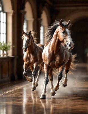 Primary subject: Two brown horses running down a hallway.

Setting/background: The hallway is dimly lit, and there are two potted plants on either side of the hallway.

Visual style: The image is a photo of the two horses running down the hallway.

Colors and mood: The colors in the image are predominantly brown, and the overall atmosphere is energetic and dynamic.
