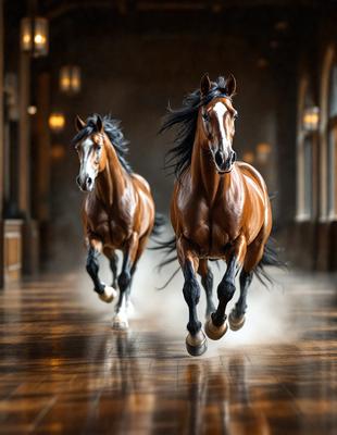 Primary subject: Two brown horses running in a hallway.

Setting/background: The horses are running in a hallway, which is a part of a building.

Visual style: The image is a painting, showcasing the two horses in motion.

Colors and mood: The painting features brown and black colors, creating a sense of motion and energy.