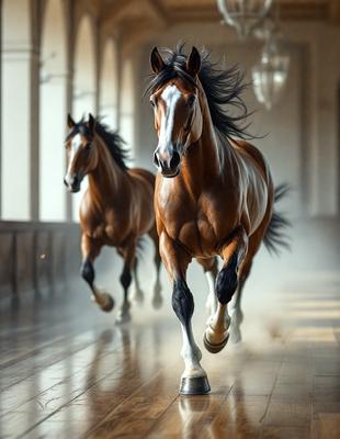 Primary subject: Two brown horses running in a hallway.

Setting/background: The hallway is dimly lit, and the horses are running on a wooden floor.

Visual style: The image is a photo of the two horses running in the hallway.

Colors and mood: The dominant colors are brown and black, and the overall atmosphere is energetic and dynamic.