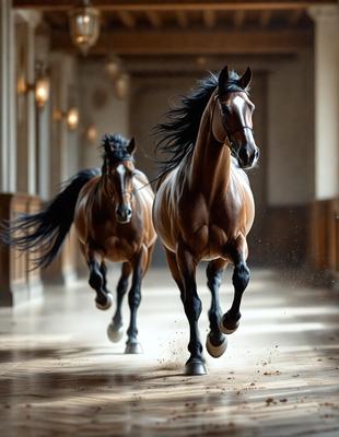 The primary subject of the image is a brown horse running down a hallway. The setting is indoors, with a wooden floor visible. The visual style appears to be a photo, capturing the horse in motion. The colors in the image are predominantly brown, giving the scene a warm and natural atmosphere.