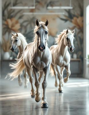Primary subject: Three white horses running in a room.

Setting/background: The room has a wallpapered wall and a bench.

Visual style: The image is a digital artwork.

Colors and mood: The image has a warm and vibrant color palette, with the white horses standing out against the wallpapered wall.