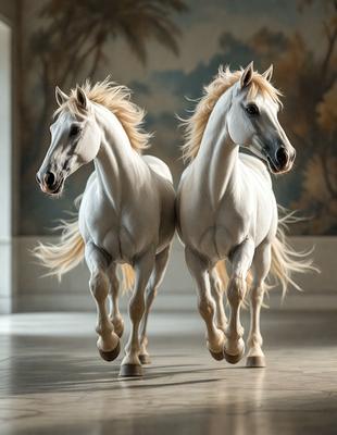 The primary subject of the image is two white horses running side by side. They are the main focus of the scene, and their movement and beauty are the central elements. The setting is a large, open space, possibly a corral or a field, with a backdrop of a wall. The visual style of the image is a high-quality photo, capturing the horses in motion and their graceful forms. The colors in the image are predominantly white, which adds to the overall mood of the scene, creating a sense of