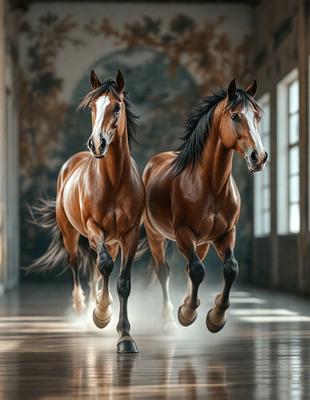 Primary subject: Two brown horses running in a building.

Setting/background: The horses are running in a building, possibly a hallway or a room with a wallpapered wall.

Visual style: The image is a photo of the two horses in motion.

Colors and mood: The dominant colors are brown and black, and the overall atmosphere is energetic and dynamic.