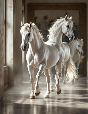 The primary subject of the image is a group of three white horses walking down a hallway. The setting is indoors, with a wall visible in the background. The visual style appears to be a photo, capturing the horses in motion. The colors in the image are predominantly white, giving the scene a clean and serene atmosphere.