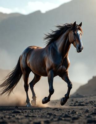 Primary subject: A brown horse running on a dirt road.

Setting/background: The horse is running on a dirt road, with a mountain in the background.

Visual style: The image is a photo of the horse in motion.

Colors and mood: The dominant colors are brown and orange, with a dusty and dynamic atmosphere.