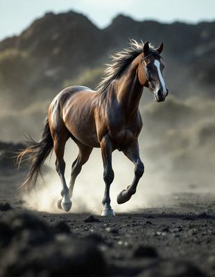 Primary subject: A brown horse running on a dirt road.

Setting/background: The horse is running on a dirt road, with a rocky landscape in the background.

Visual style: The image is a photo of the horse in motion.

Colors and mood: The dominant colors are brown and black, with a sense of motion and energy.