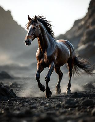 Primary subject: A brown horse running on a dirt road.

Setting/background: The horse is running on a dirt road, with a rocky landscape in the background.

Visual style: The image is a photo of the horse in motion.

Colors and mood: The dominant colors are brown and black, with a sense of motion and energy.