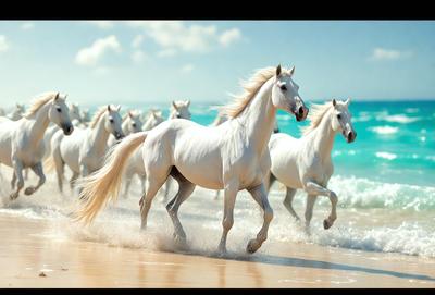 The primary subject of the image is a white horse running on a beach. The setting is a sandy beach with a clear blue ocean in the background. The visual style is a digital art or illustration, creating a dynamic and vibrant scene. The dominant colors are white and blue, giving the image a serene and peaceful atmosphere.