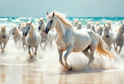 The primary subject of the image is a white horse running on a beach. The setting is a sandy beach with the ocean in the background. The visual style is a photo, capturing the horse in motion. The colors and mood of the image are predominantly white, with the horse's white fur and the white ocean waves creating a serene and peaceful atmosphere.