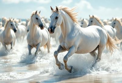 The primary subject of the image is a white horse running on a beach. The setting is a sandy beach with a clear blue sky in the background. The visual style is a photo, capturing the horse in motion. The colors and mood of the image are bright and energetic, with the white horse standing out against the sandy beach and blue sky.