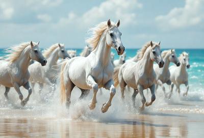 Primary subject: A group of white horses running on a beach.

Setting/background: The beach has a blue ocean in the background.

Visual style: The image is a digital artwork.

Colors and mood: The dominant colors are white and blue, creating a serene and calming atmosphere.
