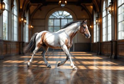 Primary subject: A brown and white horse walking in a room.

Setting/background: The horse is walking on a wooden floor, possibly in a barn or a similar indoor space.

Visual style: The image is a photo of the horse in motion.

Colors and mood: The horse has a brown and white coat, and the wooden floor adds a warm and natural tone to the scene. The overall atmosphere is calm and serene.