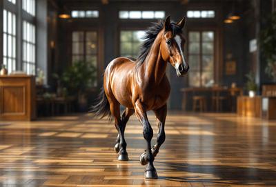 Primary subject: A brown horse with a white face.

Setting/background: The horse is standing in a room with a wooden floor.

Visual style: The image is a photo of the horse.

Colors and mood: The horse has a brown coat with a white face, and the room has a wooden floor, giving it a warm and natural atmosphere.
