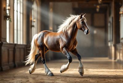Primary subject: A brown horse with a blonde mane and tail, standing in a room with a wooden floor.

Setting/background: The horse is standing in a room with a wooden floor, and there are two windows in the background.

Visual style: The image is a photo of the horse in the room.

Colors and mood: The horse has a brown coat with a blonde mane and tail, and the overall atmosphere of the image is calm and serene.