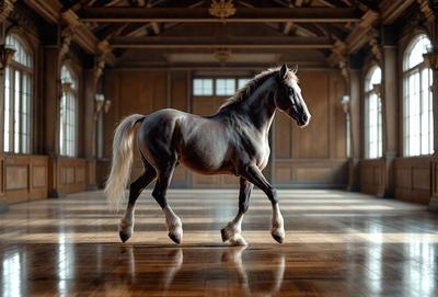 Primary subject: A horse standing in a room.

Setting/background: The horse is standing in a room with wooden floors and a doorway.

Visual style: The image is a photo of the horse.

Colors and mood: The horse is white and gray, and the overall atmosphere is calm and serene.