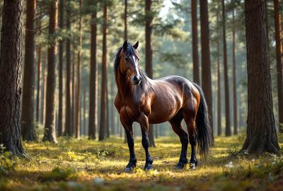 Primary subject: A brown horse standing in a forest.

Setting/background: The horse is surrounded by a forest with trees in the background.

Visual style: The image is a photo of the horse in the forest.

Colors and mood: The horse is brown, and the forest has a natural and serene atmosphere.