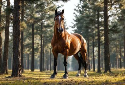 Primary subject: A brown horse standing in a forest.

Setting/background: The horse is standing in a forest with trees surrounding it.

Visual style: The image is a photo of the horse in the forest.

Colors and mood: The horse is brown, and the forest has a natural and serene atmosphere.