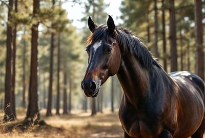 Primary subject: A brown horse with a white stripe on its face.

Setting/background: The horse is standing in a forest, surrounded by trees.

Visual style: The image is a photo of the horse in the woods.

Colors and mood: The horse has a brown and white color pattern, and the overall atmosphere of the image is serene and natural.