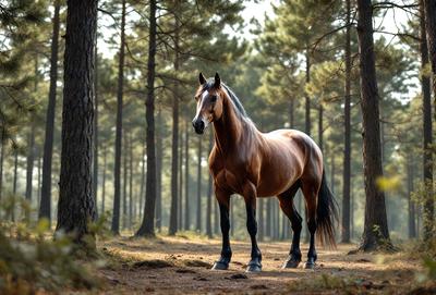 Primary subject: A brown horse standing in a forest.

Setting/background: The horse is standing in a forest with trees surrounding it.

Visual style: The image is a photo of the horse in the forest.

Colors and mood: The horse is brown, and the forest has a natural and serene atmosphere.