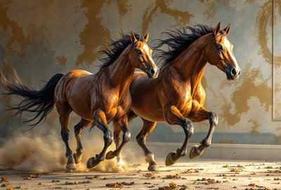 Primary subject: Two brown horses running side by side.

Setting/background: A wall with a yellowish tint.

Visual style: Digital art.

Colors and mood: The image is in black and white, giving it a classic and timeless feel.