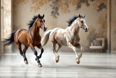 The primary subject of the image is two horses running side by side on a white surface. The setting appears to be a studio or a controlled environment, as the horses are running on a white floor. The visual style of the image is a photo, capturing the horses in motion. The colors in the image are predominantly white, giving the scene a clean and minimalistic appearance. The overall atmosphere of the image is energetic and dynamic, as the horses are captured in motion, showcasing their strength and agility.