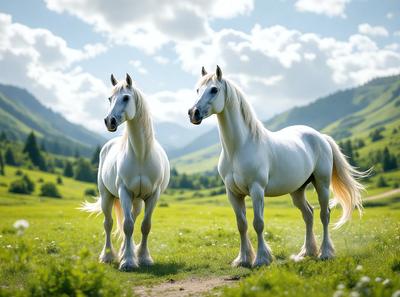 The primary subject of the image is two white horses standing in a grassy field. The setting is a lush green hillside with mountains in the background. The visual style is a photo, capturing the horses in their natural environment. The colors and mood of the image are predominantly green and serene, with the horses standing calmly in the field.