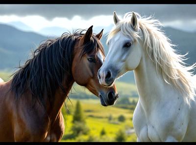 The primary subject of the image is a brown horse and a white horse standing next to each other in a grassy field. The setting is a lush green field, and the visual style appears to be a photo. The dominant colors in the image are green and brown, creating a peaceful and natural atmosphere.