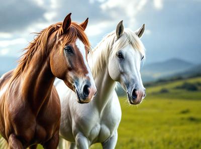 The primary subject of the image is a brown and white horse standing next to a white horse. They are both positioned in a grassy field, which serves as the setting for the scene. The visual style of the image is a photo, capturing the horses in their natural environment. The dominant colors in the image are brown, white, and green, creating a warm and natural atmosphere.