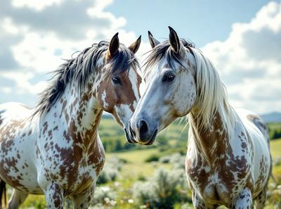 The primary subject of the image is two horses standing next to each other in a field. They are facing each other, creating a sense of connection and companionship. The setting is a lush green field, providing a serene and natural backdrop for the horses. The visual style of the image is a photo, capturing the horses in their natural environment. The colors and mood of the image are predominantly warm and inviting, with the horses' coats and the surrounding greenery creating a sense of harmony and tranqu