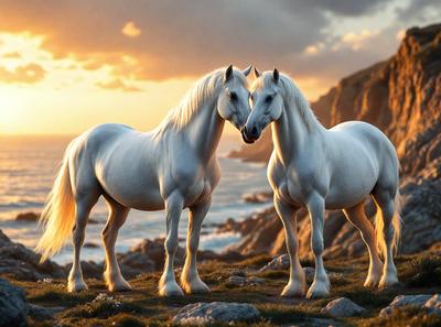 Primary subject: Two white horses standing next to each other.

Setting/background: The horses are standing on a grassy hillside, with a rocky cliff in the background.

Visual style: The image is a digital artwork, featuring two white horses with their heads touching.

Colors and mood: The image has a warm and serene atmosphere, with the horses' white coats contrasting against the green grass and rocky cliff.